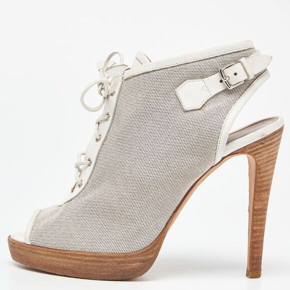 Hermes Grey/White Canvas and Leather Peep Toe Lace Up Slingback